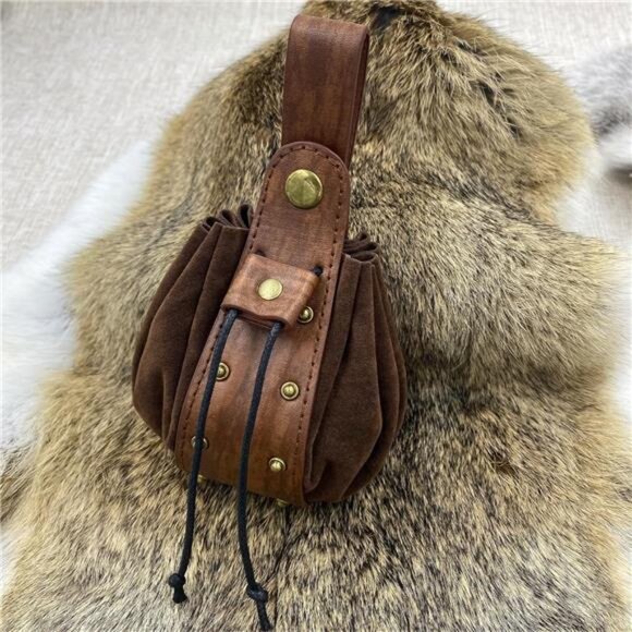 Faux Leather Drawstring Pouch, Brown - Picture 1 of 6
